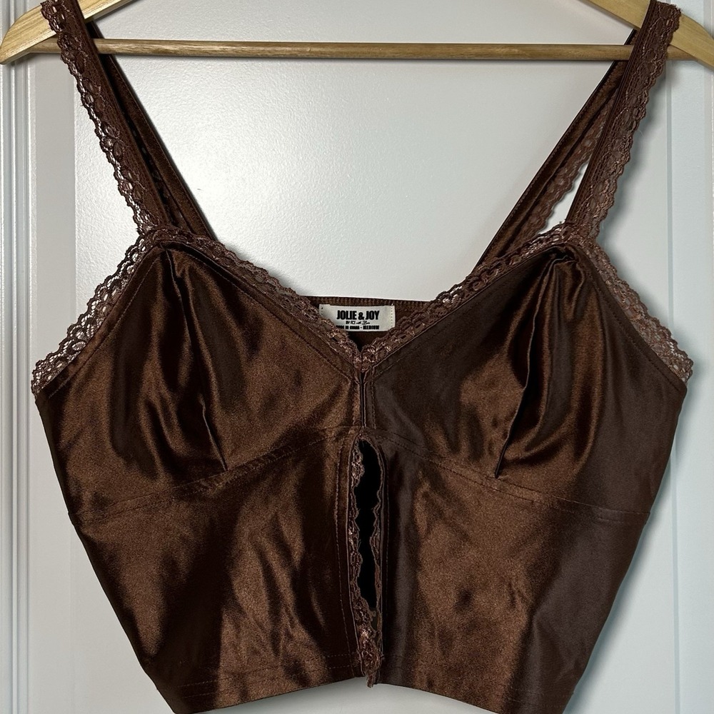 Jolie &‎ Joy Satin Chocolate Brown Lace Trim Bustier Crop Top Y2K Coquette Style